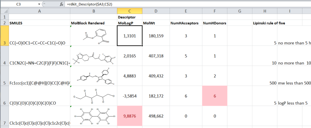 RDKit descriptors in Excel with XLwings