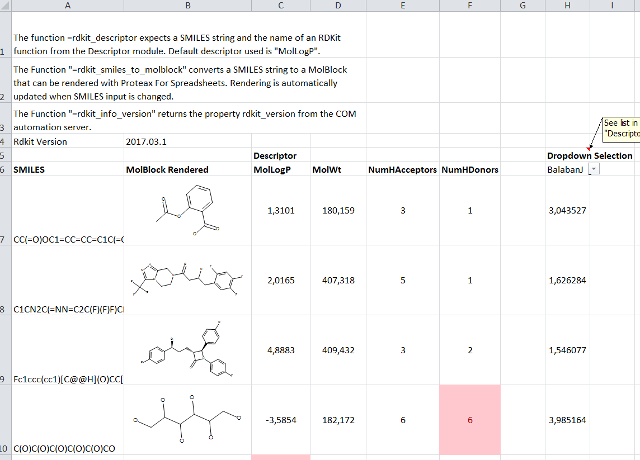 RDkit4Excel demo in Excel Lipinski's Rule of Five